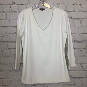 Judy P White V Neck Top Size M Stretch Knit 3/4 Sleeve